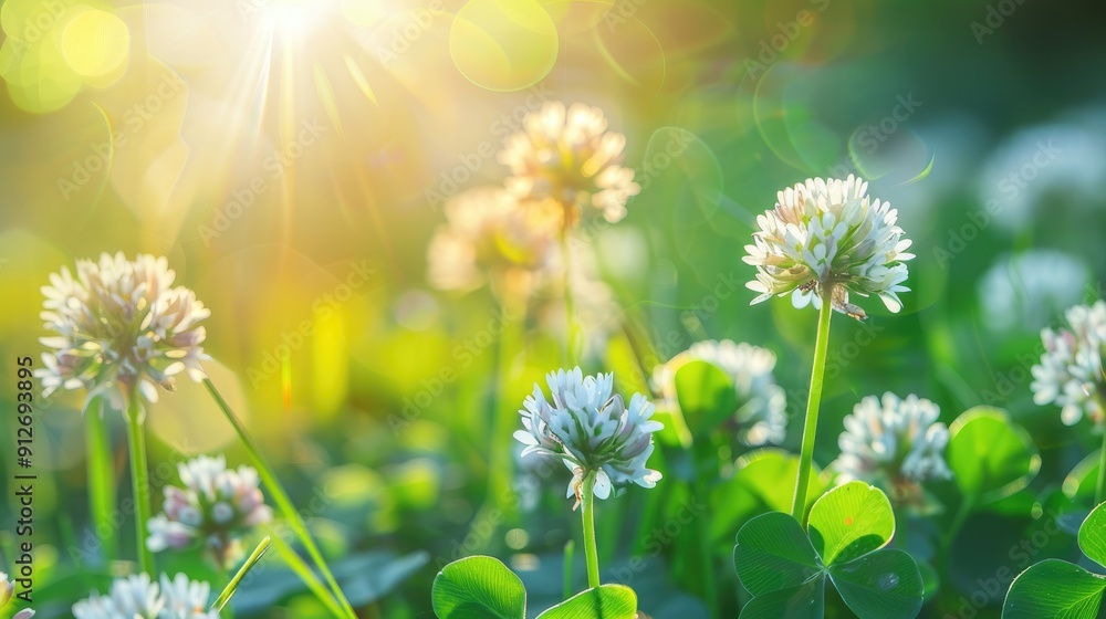 Clover flowers in a field of green grass during springtime with blurred background and copy space Clover flowers in a field of green grass during springtime with blurred background and copy space