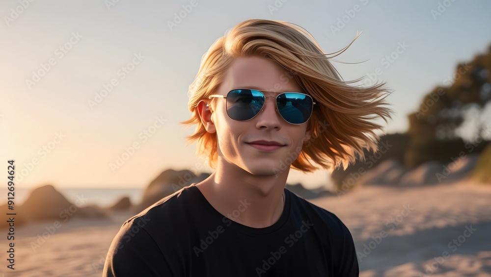 A 25-year-old American man wearing sunglasses touches her face on the beach. A 25-year-old American man wearing sunglasses touches her face on the beach.