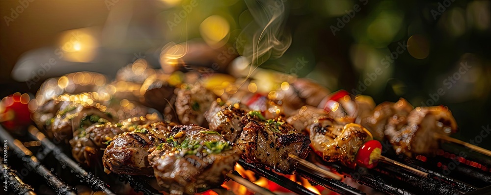 Grilled meat skewers sizzling on a barbecue, surrounded by smoke and vibrant vegetables, perfect for summer gatherings. Grilled meat skewers sizzling on a barbecue, surrounded by smoke and vibrant vegetables, perfect for summer gatherings.