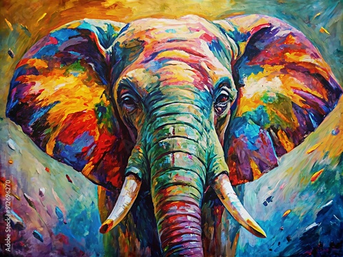 Vibrant abstract oil and acrylic painting of an elephant's head on canvas, textured with pallet knife strokes, showcasing bold colors and dynamic expressiveness.