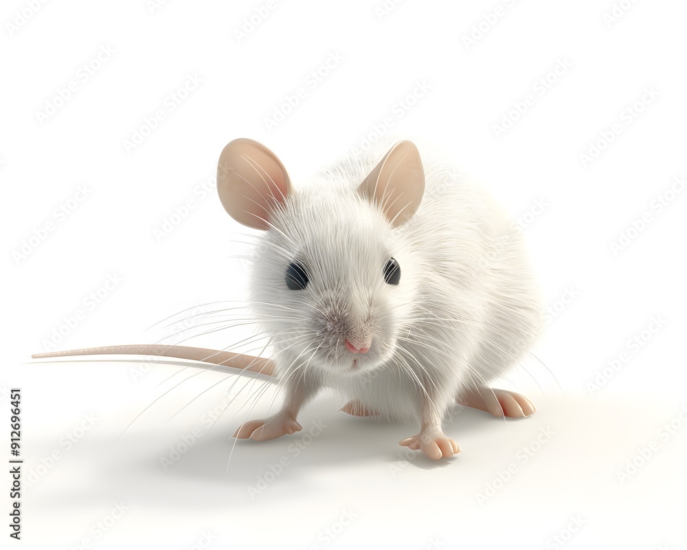 Close-up of an adorable white mouse with large ears and bright eyes, standing on a plain white background in a curious pose. Close-up of an adorable white mouse with large ears and bright eyes, standing on a plain white background in a curious pose.