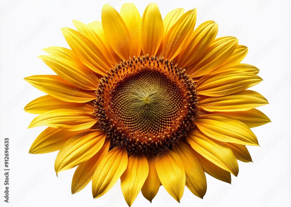 Fototapeta premium Vibrant yellow petals and dark center of a large sunflower bloom isolated on a clean white background, perfect for bright and cheerful designs.