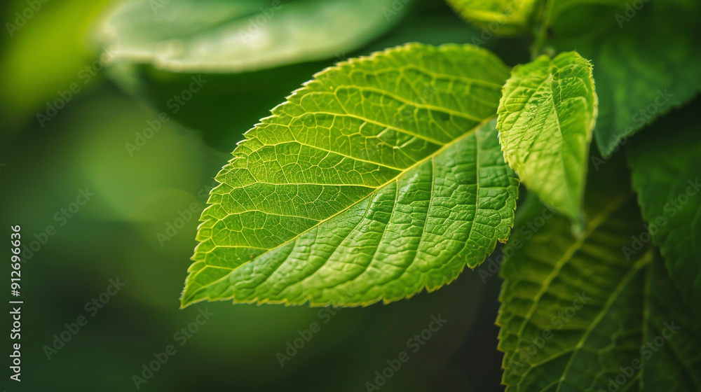Close-up of fresh green shiny leaves with blurred background, in summer garden at sunrise. Close-up of fresh green shiny leaves with blurred background, in summer garden at sunrise.
