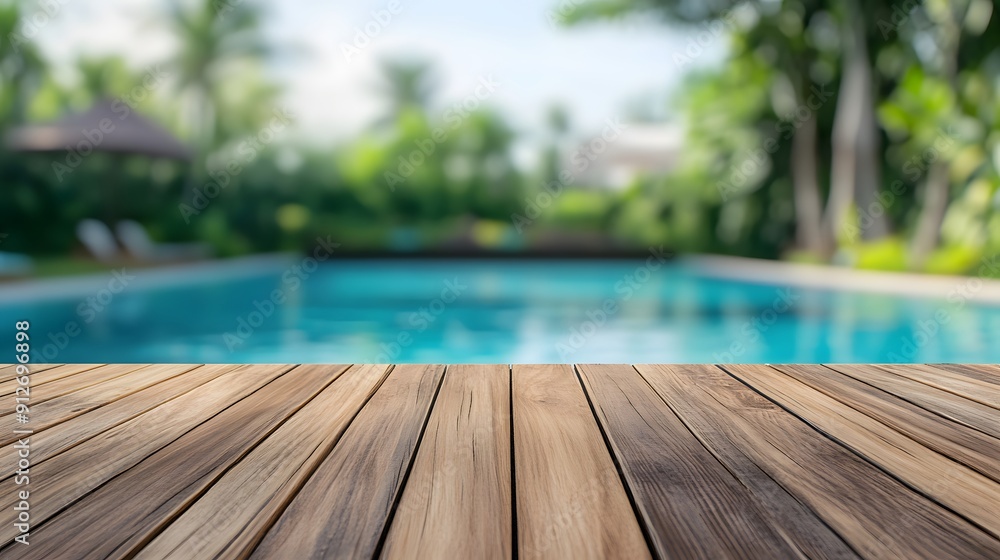 Empty wooden table top in front of swimming pool at summer blurred background. Template for product presentation display Empty wooden table top in front of swimming pool at summer blurred background. Template for product presentation display