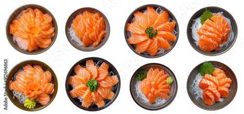 A beautiful arrangement of salmon sashimi served in traditional bowls, garnished with wasabi and fresh greens.