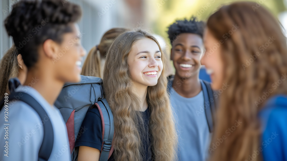Group of youthful classmates, a diverse group of multiethnic teenagers or pupils, standing together in front of the school chatting and laughing with cheerful, happy expressions, enjoying childhood Group of youthful classmates, a diverse group of multiethnic teenagers or pupils, standing together in front of the school chatting and laughing with cheerful, happy expressions, enjoying childhood