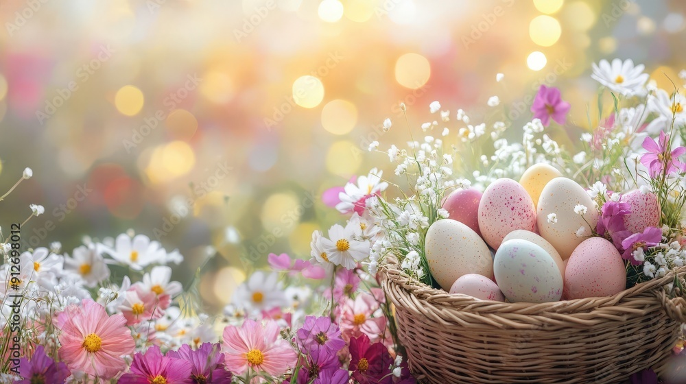 Easter eggs in a basket with pink and white flowers and a blurred background. Easter eggs in a basket with pink and white flowers and a blurred background.