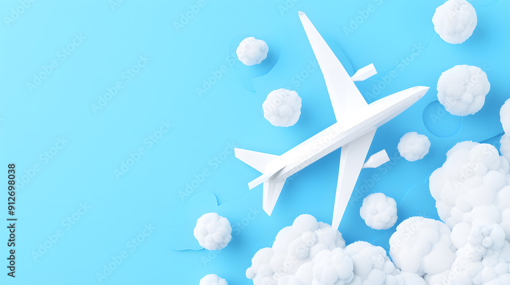 Paper airplane flying through clouds made of cotton balls. Paper airplane flying through clouds made of cotton balls.