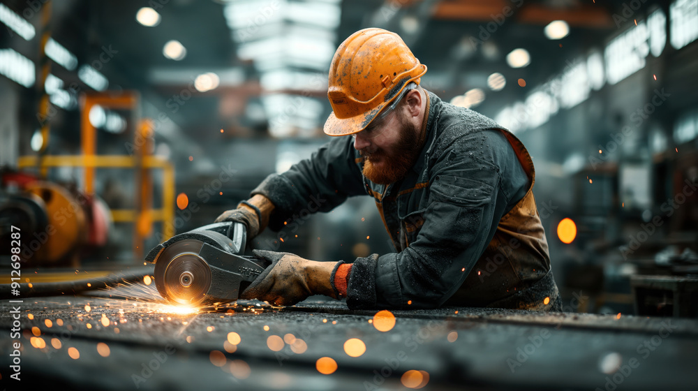 Industrial worker wearing safety gear using an angle grinder to cut metal, creating sparks in a workshop or factory setting. Industrial worker wearing safety gear using an angle grinder to cut metal, creating sparks in a workshop or factory setting.