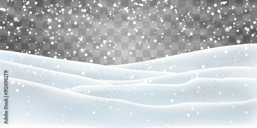 Vector heavy snowfall with snowbanks field. Christmas vector illustration. Snow flakes, snow and blizzard falling on snowdrifts. Snow landscape decoration, frozen hills isolated on png background