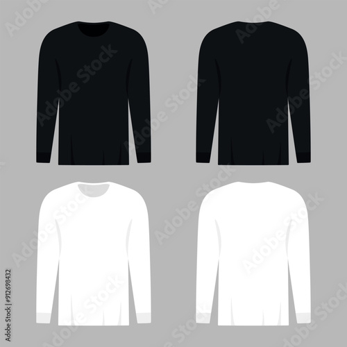 Blank black and white long sleeve shirts templates. Front and back view. Vector illustration