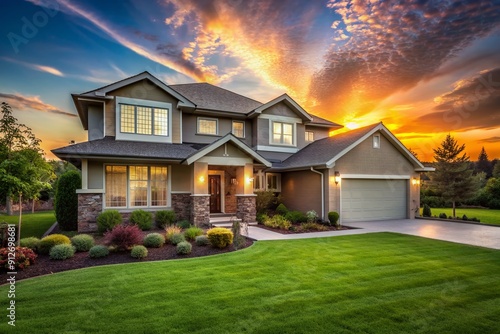 Luxurious modern suburban house with beautiful green grass lawn and stunning sunset background, symbolizing successful real estate investment and happy homeownership. photo