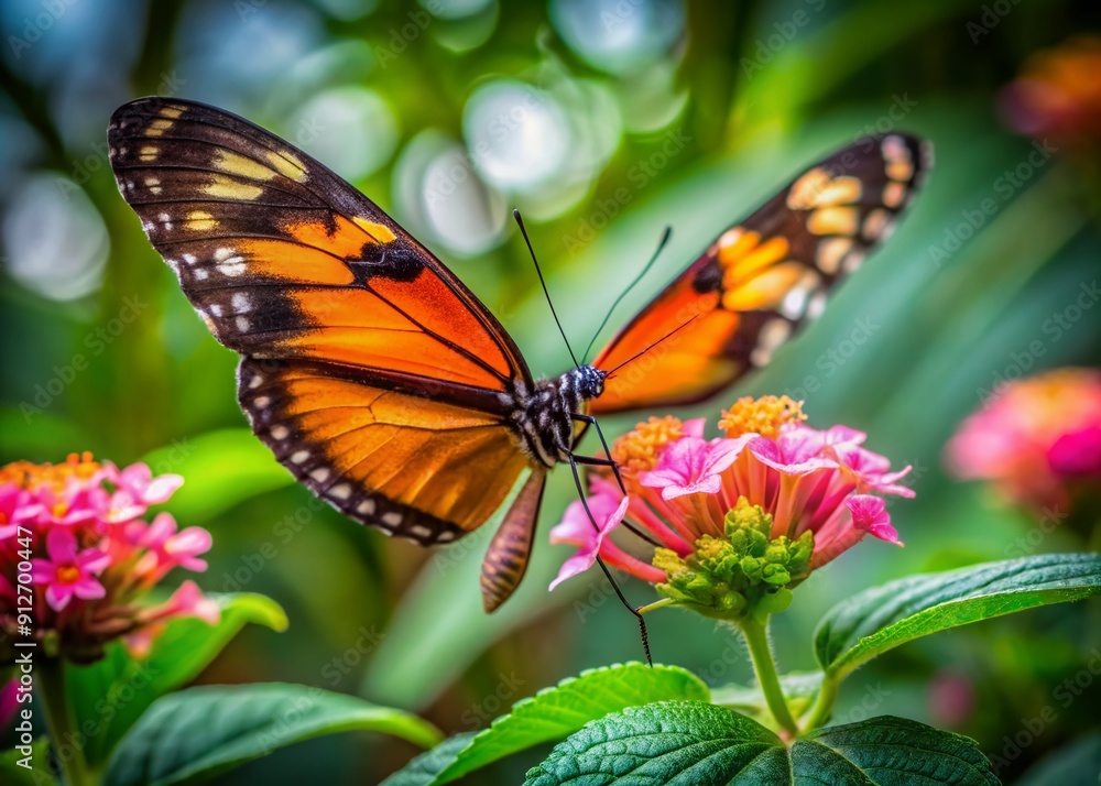 Fototapeta premium Delicate orange and black butterfly perched on bright pink flower petals, sipping nectar, surrounded by lush green leaves in a serene summer garden setting.