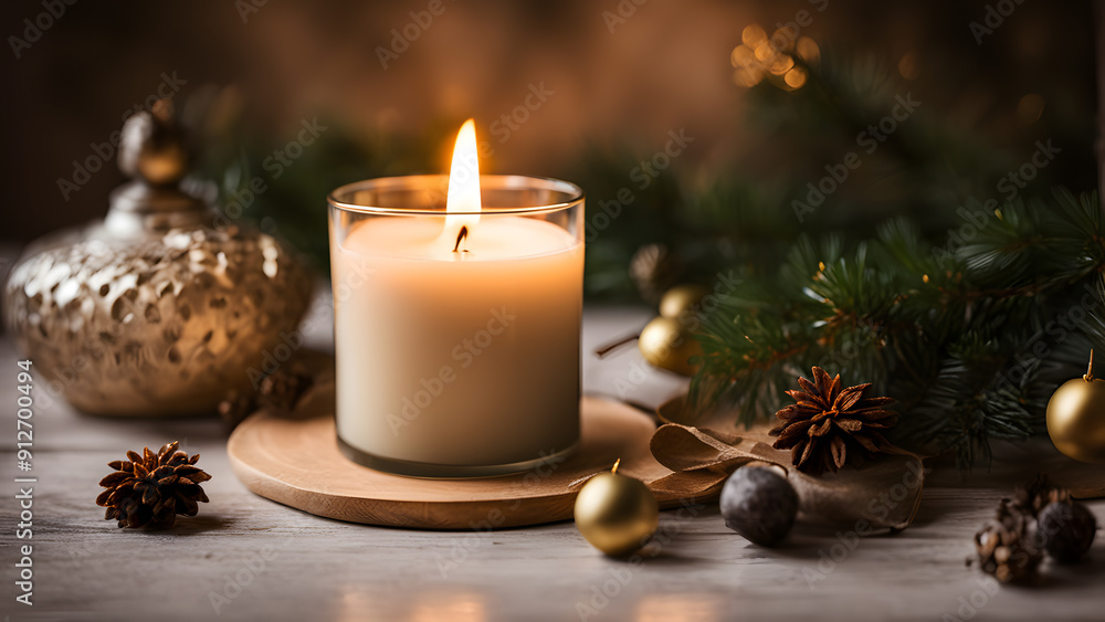 A candle is lit in a glass jar on a wooden tray A candle is lit in a glass jar on a wooden tray