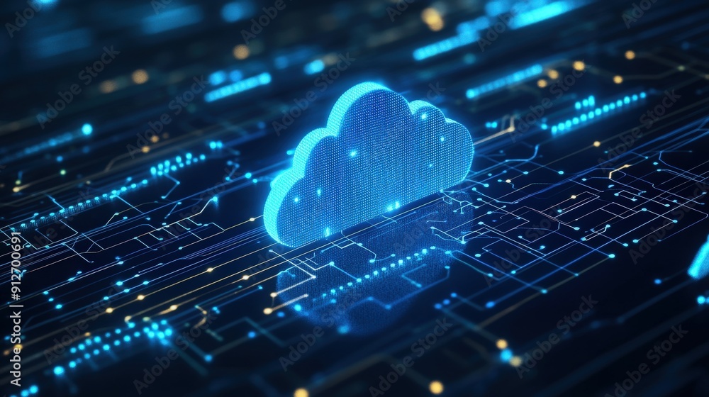 A blue cloud icon on a circuit board background representing digital data and connectivity. A blue cloud icon on a circuit board background representing digital data and connectivity.