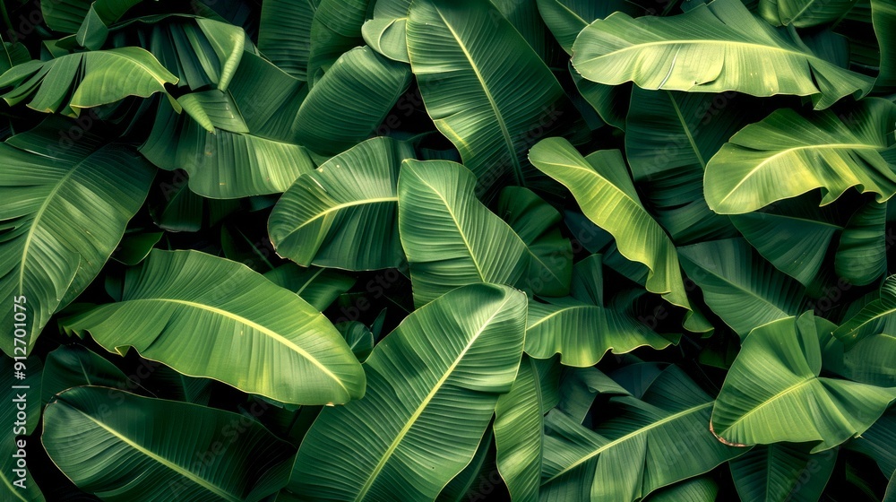 Fototapeta premium Lush green tropical banana leaves background for nature lovers. Vivid, natural, and abundant. Perfect for themes of growth, energy, or tropical settings. An exotic touch of nature's beauty. AI
