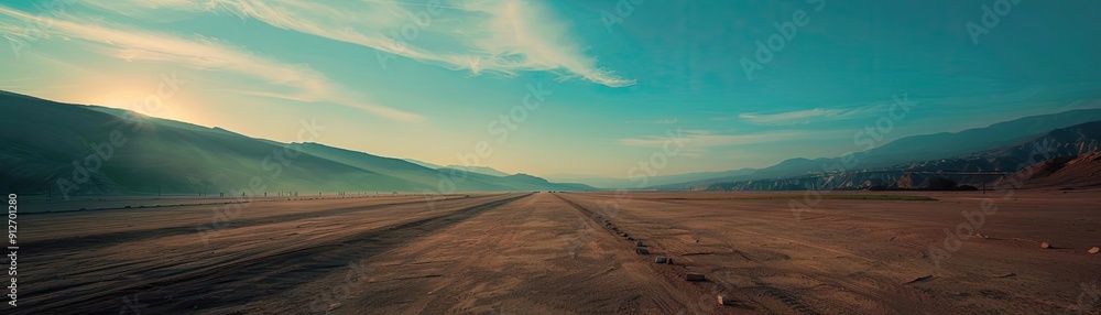 Breathtaking panoramic view of a vast desert landscape under a clear blue sky during sunset, evoking a sense of adventure and tranquility. Breathtaking panoramic view of a vast desert landscape under a clear blue sky during sunset, evoking a sense of adventure and tranquility.
