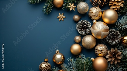 Beautiful christmas wreath on blue background with plenty of space for adding text