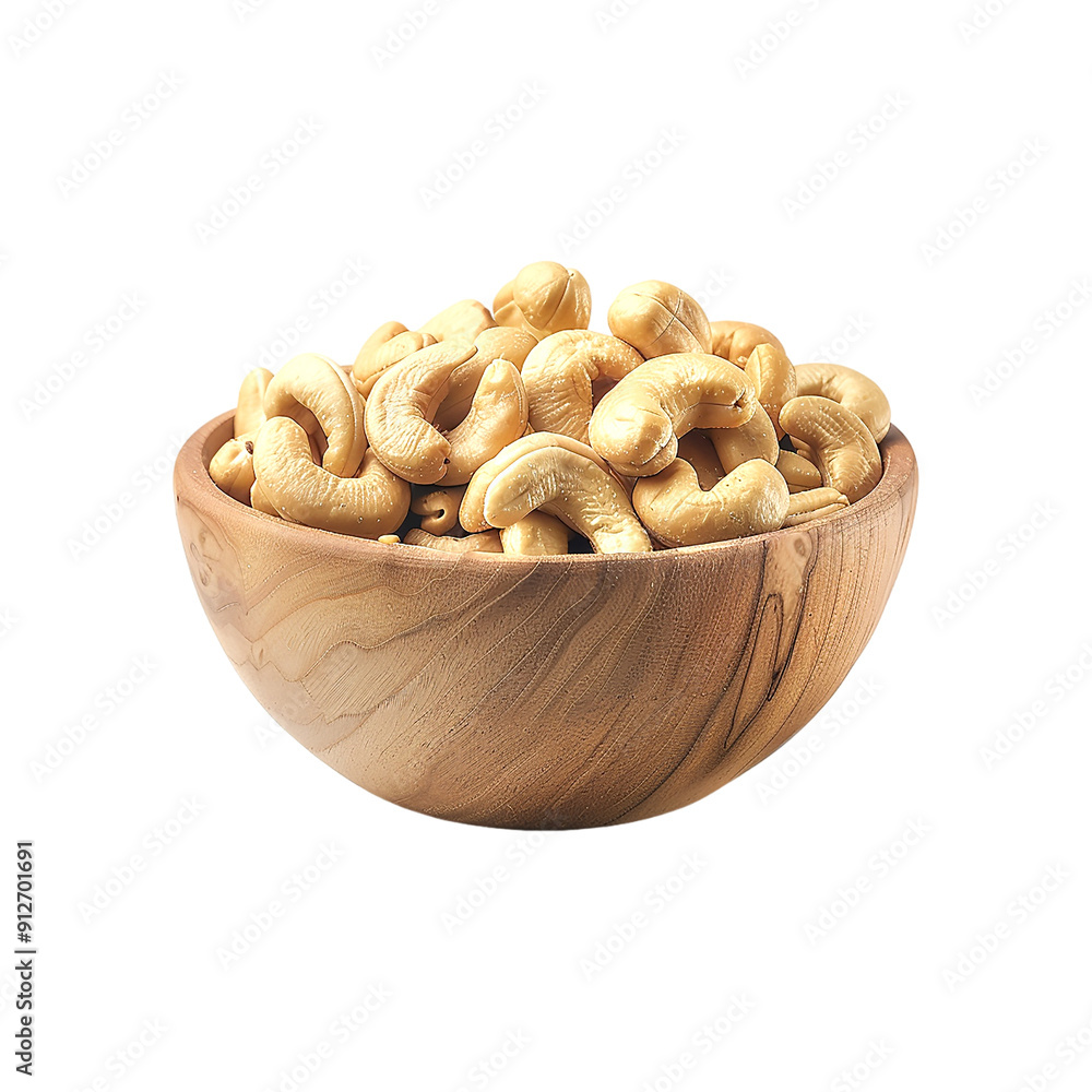 Cashew nuts heap in wooden bowl isolated on a transparent background. Generative AI Cashew nuts heap in wooden bowl isolated on a transparent background. Generative AI
