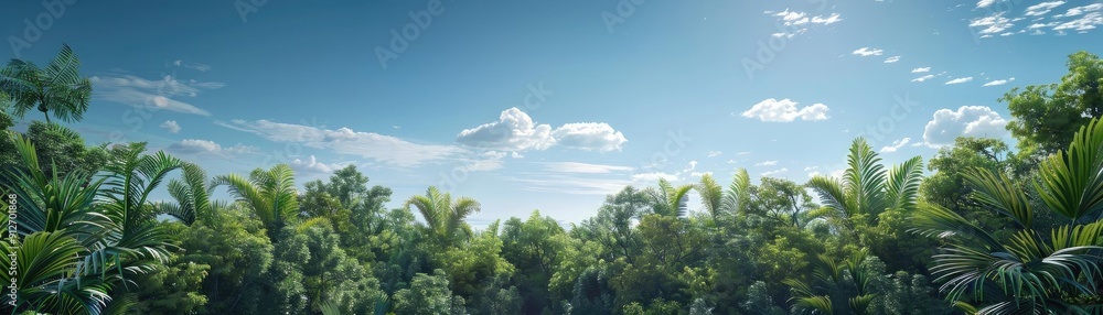 Obraz premium A lush green jungle under a clear blue sky, showcasing vibrant vegetation and peaceful nature.
