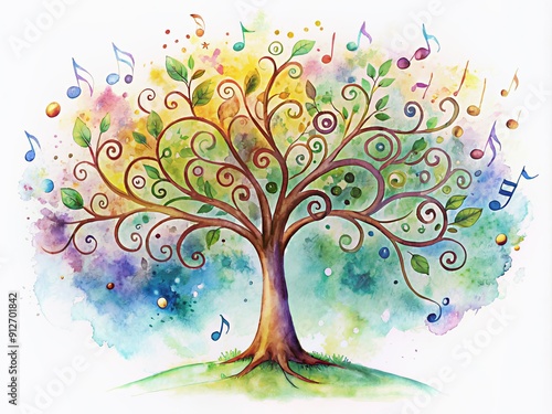 Delicate watercolor illustration of a whimsical tree adorned with swirling musical notes, symbolizing harmony and creativity, perfect for audio media concepts and designs.