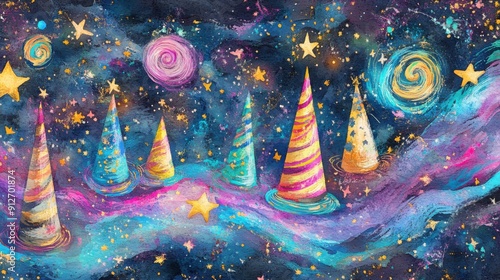 Colorful party hats float through a vibrant cosmic background filled with stars and swirling galaxies. photo