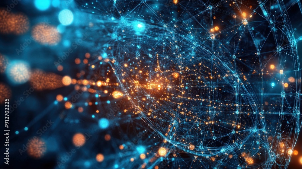 Obraz premium Abstract blue and orange network with glowing lights.