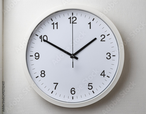 A contemporary white wall clock featuring a simple design and a cutout