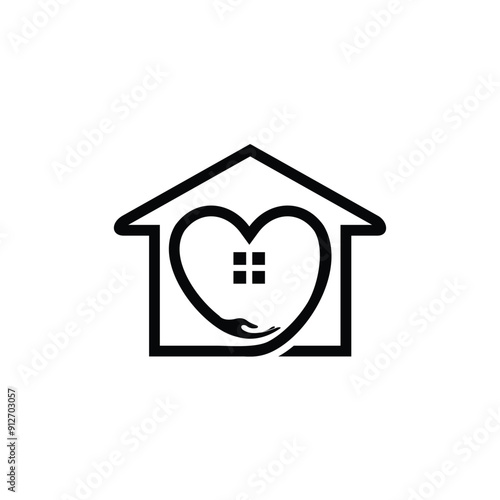 Home care logo with love line art style and business card design vector template, decoration, home.Premium Vector