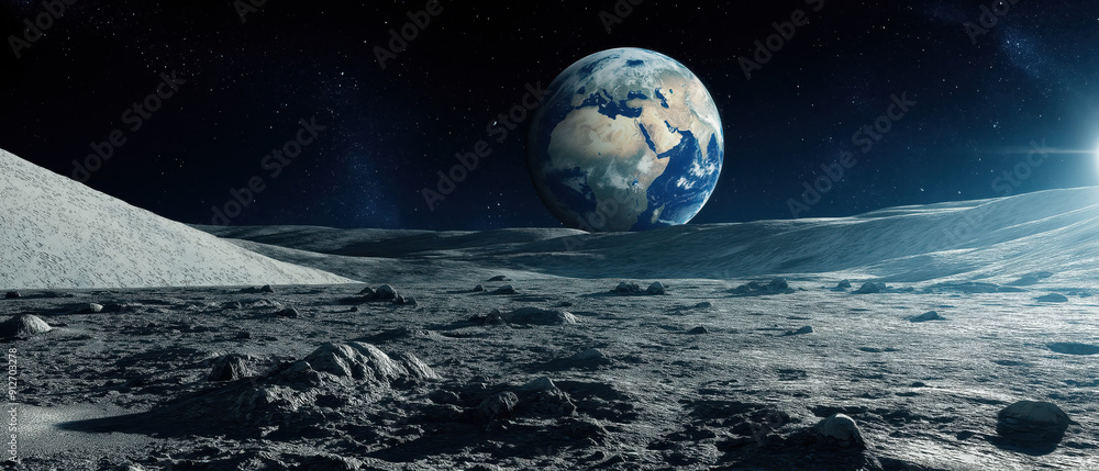 Fototapeta premium A stunning view of Earth from the lunar surface, showcasing the unique texture of the moon and the vibrant colors of our planet.