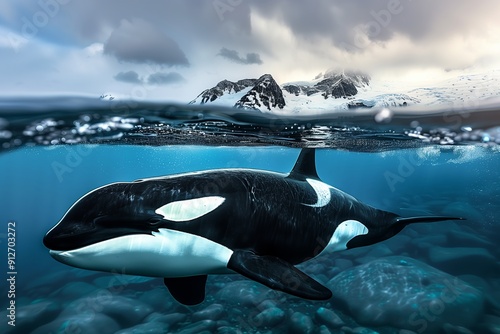 Orca whale swimming near the surface, underwater scene showing the marine mammal in full body. photo