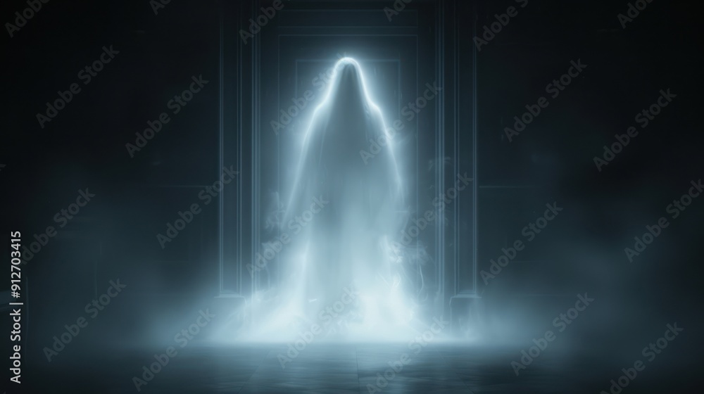 A translucent figure with a tattered cloak, drifting down the haunted forest path in the fog A translucent figure with a tattered cloak, drifting down the haunted forest path in the fog
