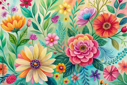 Vibrant abstract floral artwork featuring hand-drawn flowers and leaves in soft pastel hues, reminiscent of a vintage springtime acrylic painting, perfect for print designs.