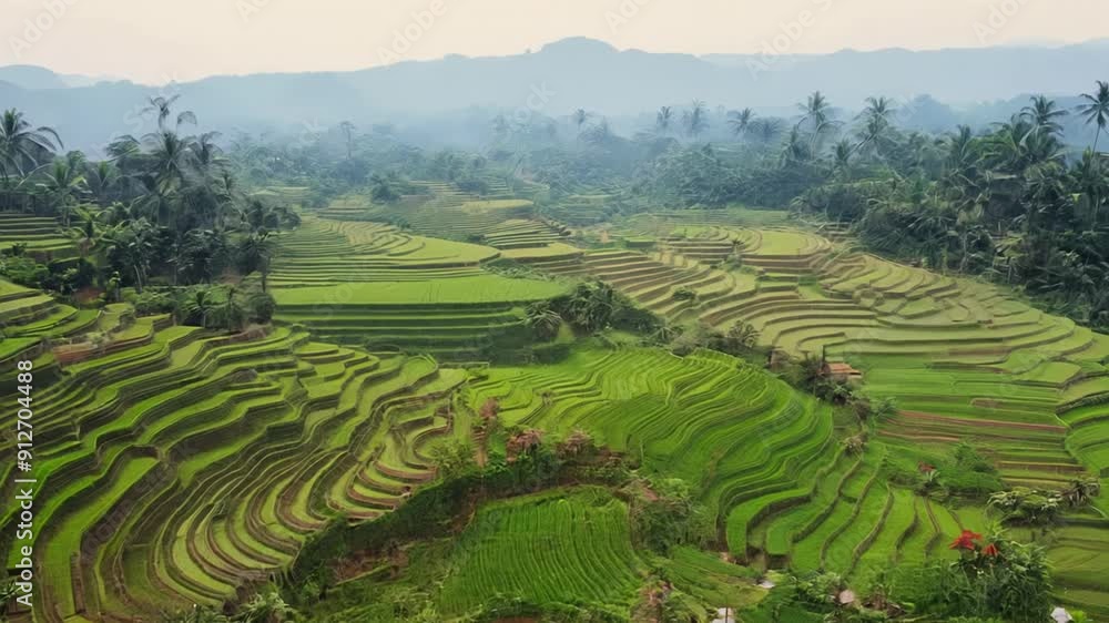 Breathtaking views of expansive rice terraces in Bali, Indonesia, showcasing vibrant green fields layered across landscape. Tranquil atmosphere is enhanced by misty mountains in background Breathtaking views of expansive rice terraces in Bali, Indonesia, showcasing vibrant green fields layered across landscape. Tranquil atmosphere is enhanced by misty mountains in background