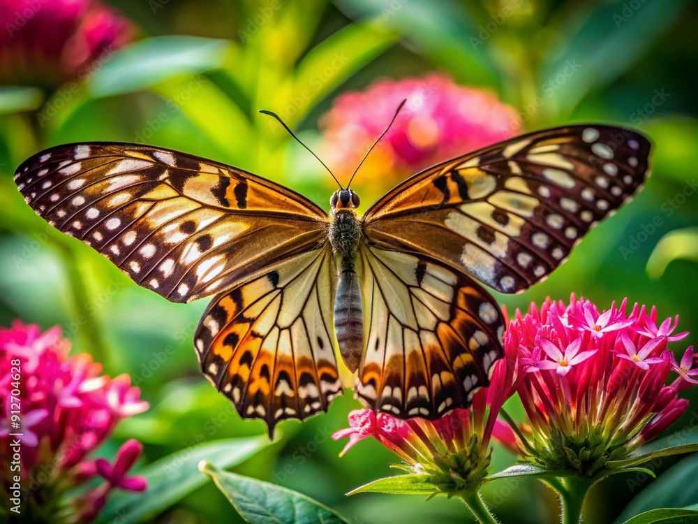 Fototapeta premium Delicate butterfly with intricately patterned wings perches on a vibrant, pink-hued flower, surrounded by lush green foliage in a serene, natural environment.