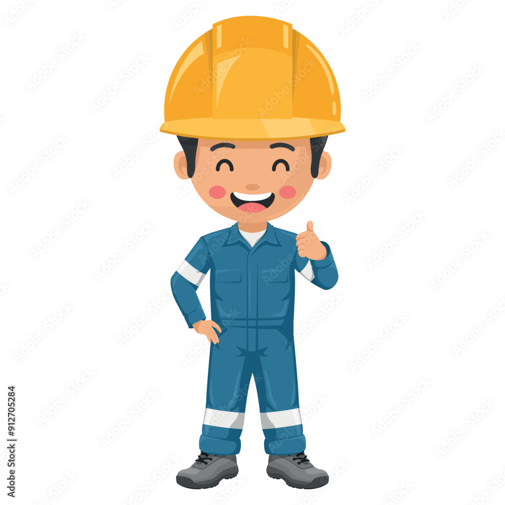 Industrial worker in blue industrial overalls with thumb up. Engineer with his personal protective equipment. Industrial safety and occupational health at work Industrial worker in blue industrial overalls with thumb up. Engineer with his personal protective equipment. Industrial safety and occupational health at work