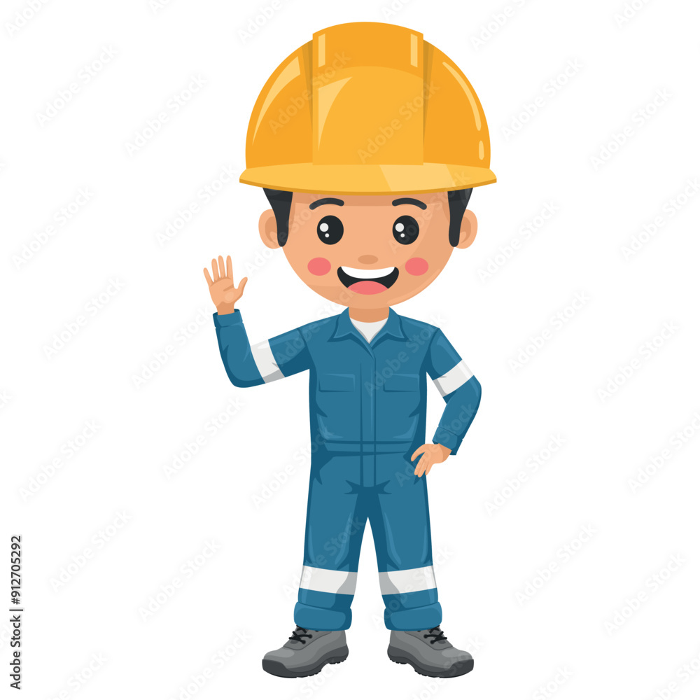 Industrial mechanical worker waving hello. Effective communication and collaboration in the food industry. Engineer with his coverall. Safety first. Industrial safety and occupational health at work Industrial mechanical worker waving hello. Effective communication and collaboration in the food industry. Engineer with his coverall. Safety first. Industrial safety and occupational health at work