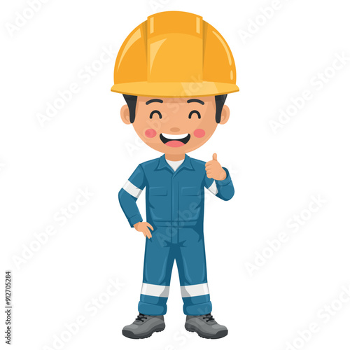 Industrial worker in blue industrial overalls with thumb up. Engineer with his personal protective equipment. Industrial safety and occupational health at work