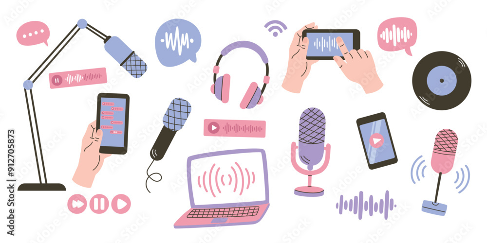 Set of vector illustrations of podcast, radio station, online radio. Trendy podcast elements set. Vector flat cartoon illustration Set of vector illustrations of podcast, radio station, online radio. Trendy podcast elements set. Vector flat cartoon illustration
