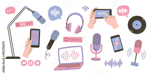 Set of vector illustrations of podcast, radio station, online radio. Trendy podcast elements set. Vector flat cartoon illustration