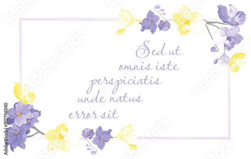 Fully colored flowers are put on a rectangular frame on a white background. Frame made from the African violets blossoming plant parts. Floral frame for any design ideas.