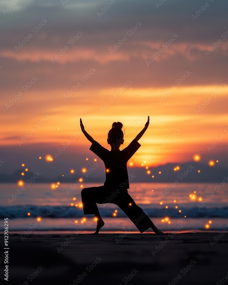 Fototapeta premium A silhouette of a young person practicing yoga on a beach at sunset, with calm waves and glowing particles in the air