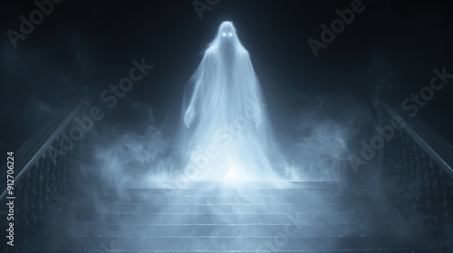 A translucent figure with glowing eyes, hovering above the grand staircase in the haunted mansion