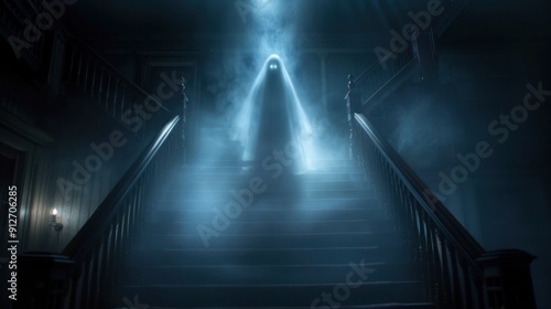 A translucent figure with glowing eyes, hovering above the grand staircase in the haunted mansion