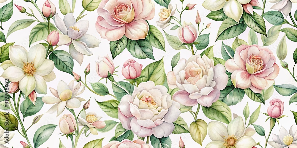 Delicate watercolor illustrations of jasmine and roses in soft pastel hues, arranged in a seamless repeating pattern on a gentle, isolated background with copy space. Delicate watercolor illustrations of jasmine and roses in soft pastel hues, arranged in a seamless repeating pattern on a gentle, isolated background with copy space.
