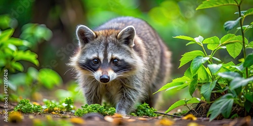 Raccoon foraging for food in lush forest, wildlife, nature, animal, mammal, woodland, cute, furry, critter, scavenger