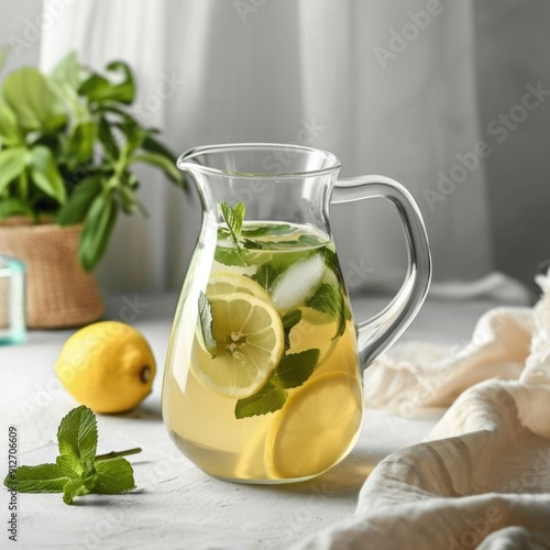 Jug of fresh lemonade with mint on light table, closeup