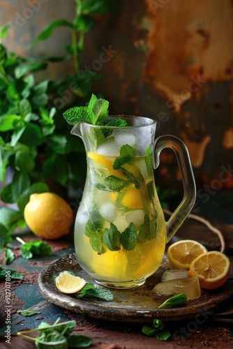 Refreshing lemonade with mint, ice cubes and lemon on the table. Summer soft light