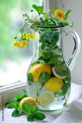 Lemonade with lemon, mint and flowers on the windowsill.