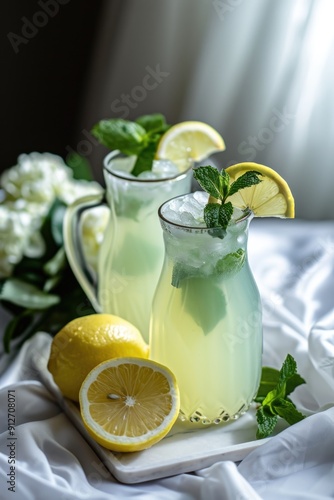Refreshing lemonade with mint and lemon on the table.